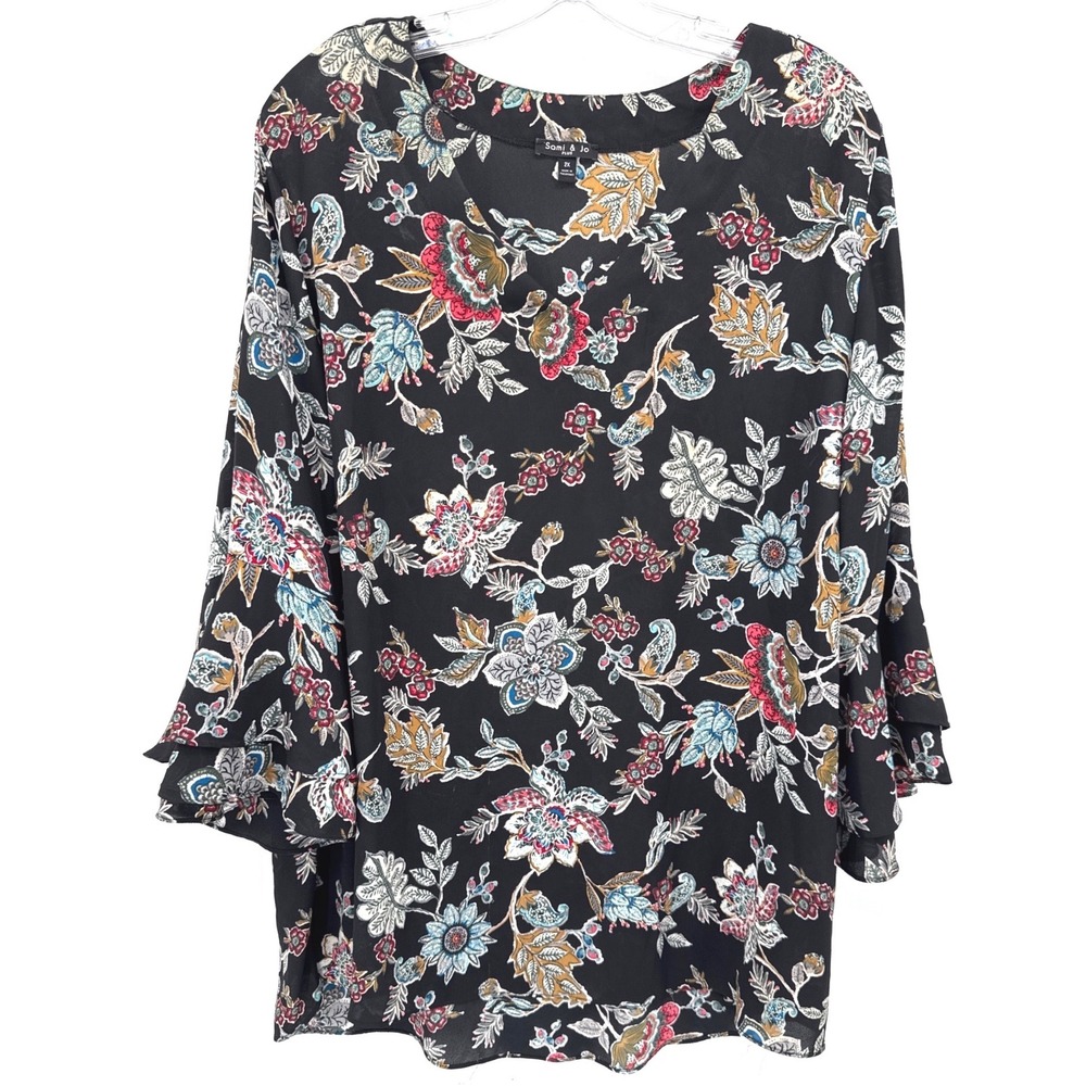 Sami & Jo Women Blouse 2XL Black Floral Ruffle Bell Sleeve V-Neck Boho Top
